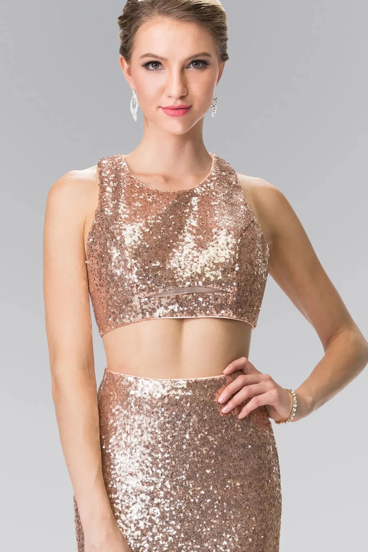 Rose Gold crew-neck prom evening dress upper front with sequin
