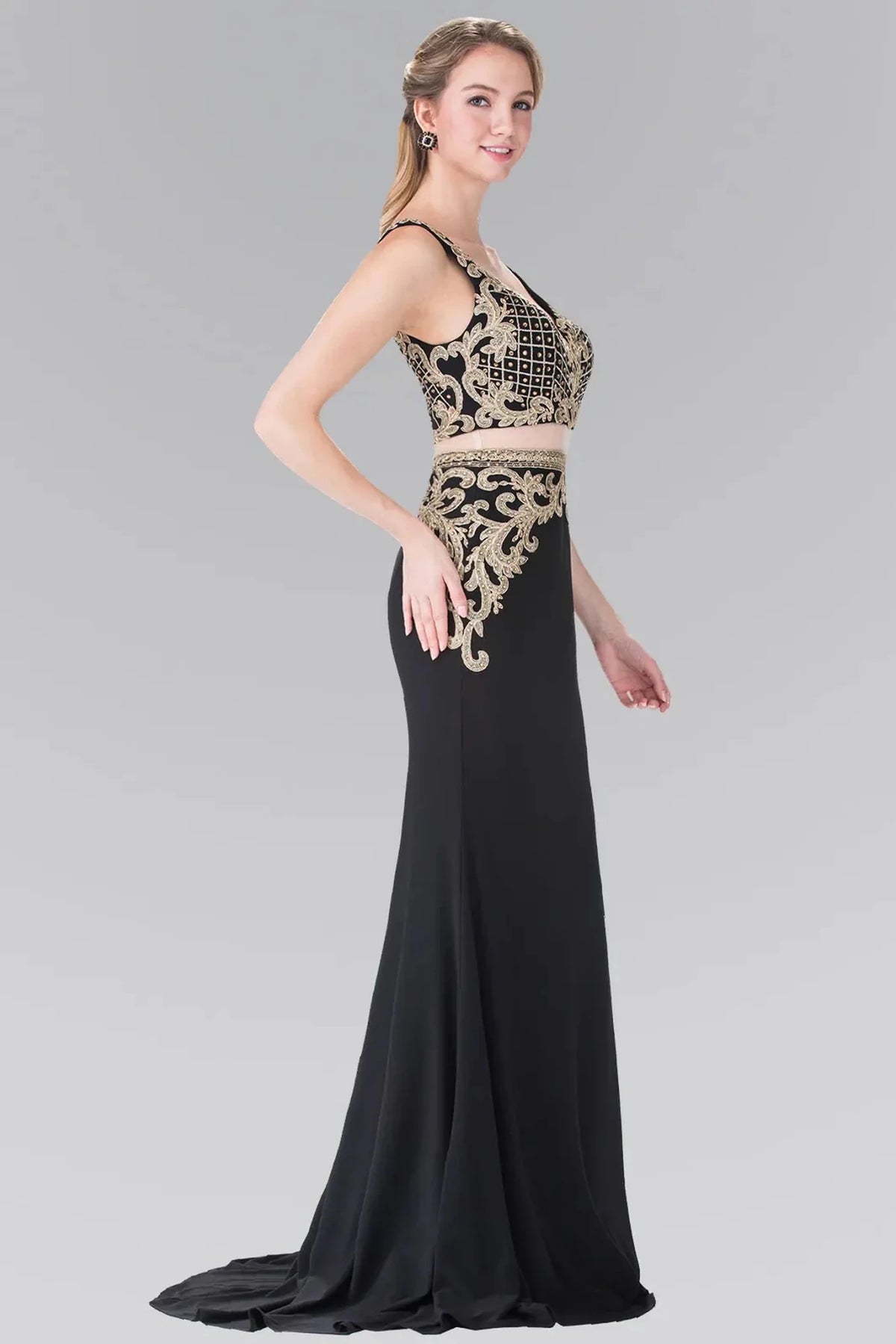 Black embroidered prom evening dress full front