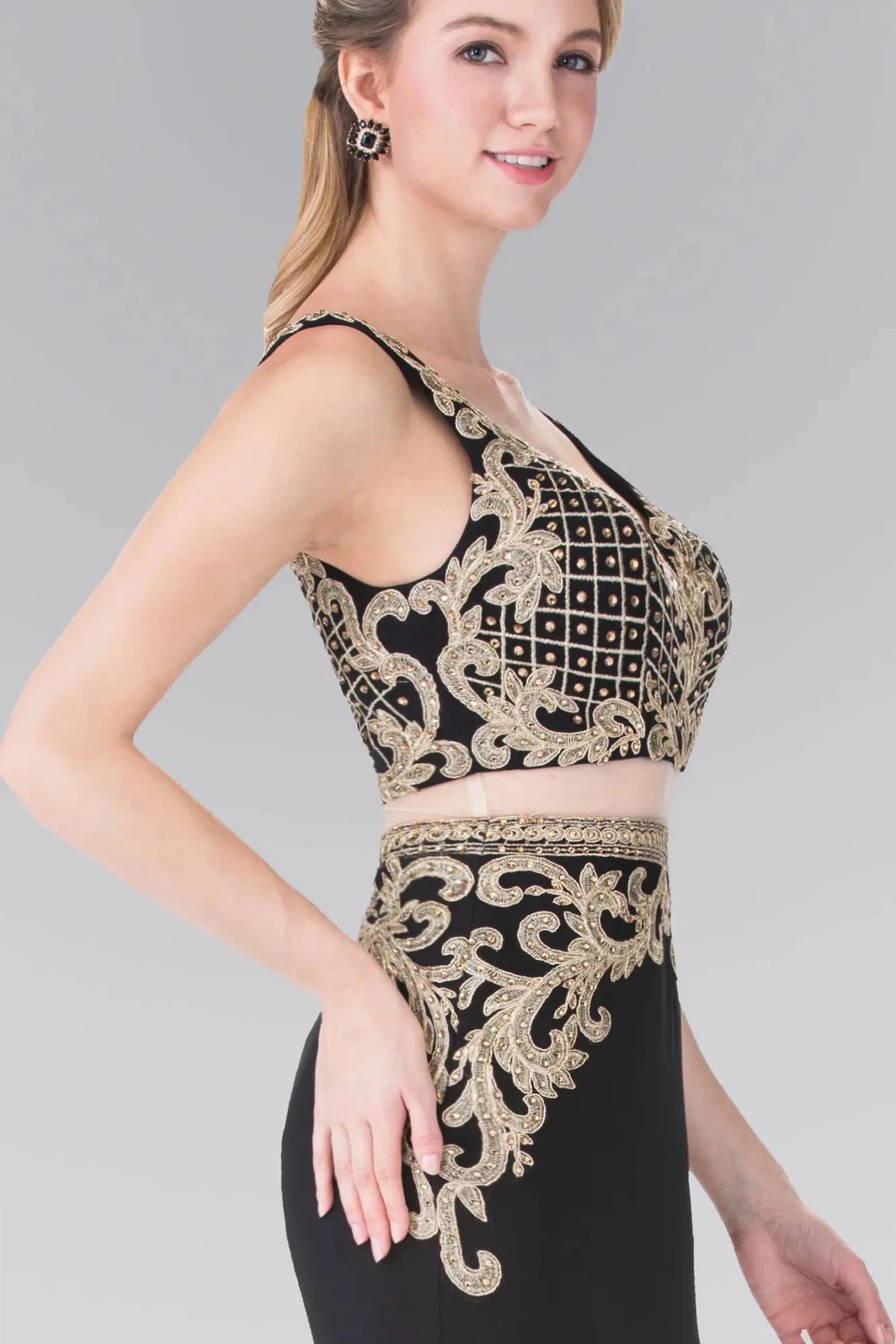 Black v-neck prom evening dress upper front with beads, embroidery