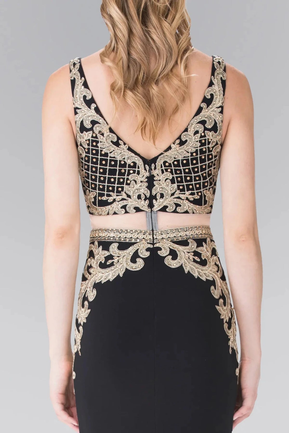 Black prom evening dress mock two-piece skirt detail