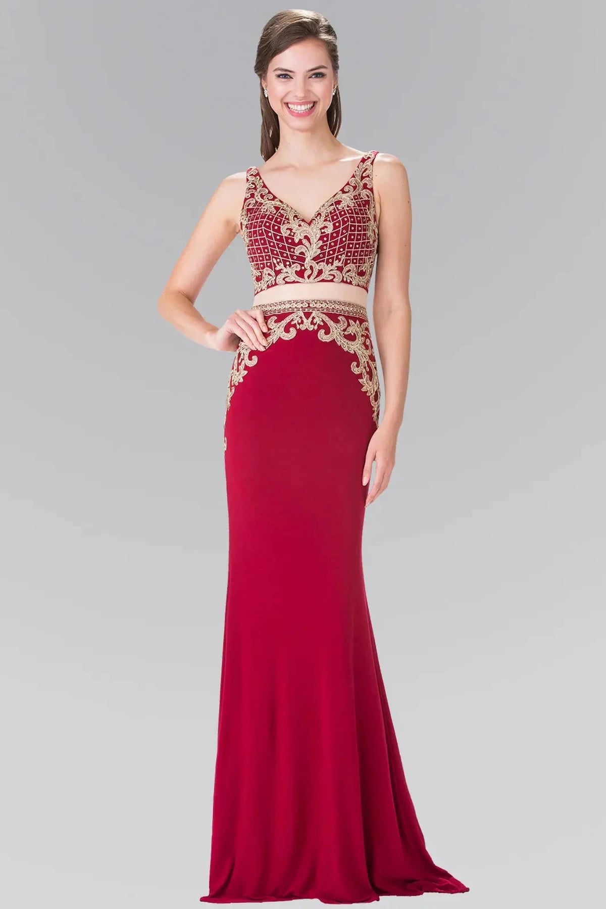 Burgundy embroidered prom evening dress full front