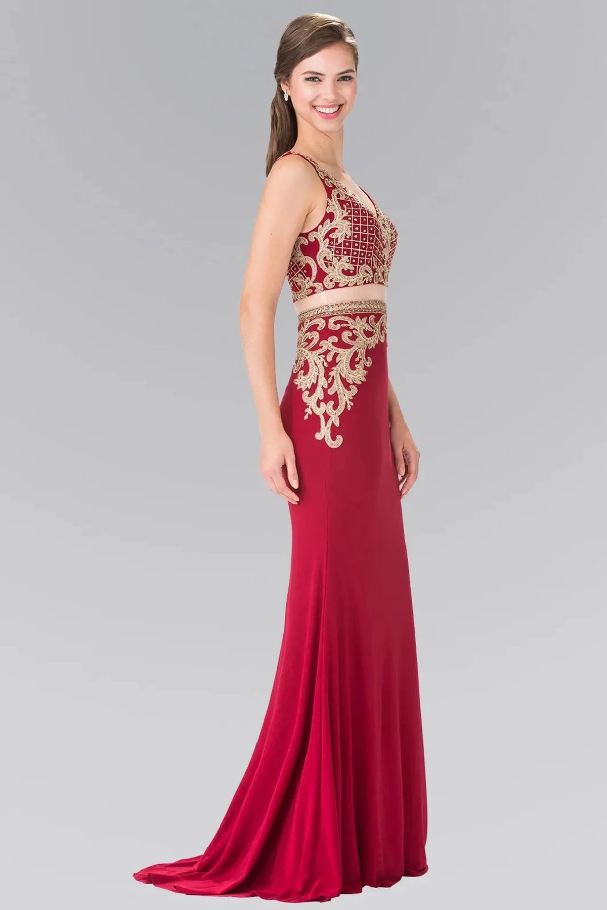 Burgundy prom evening dress full back with open back