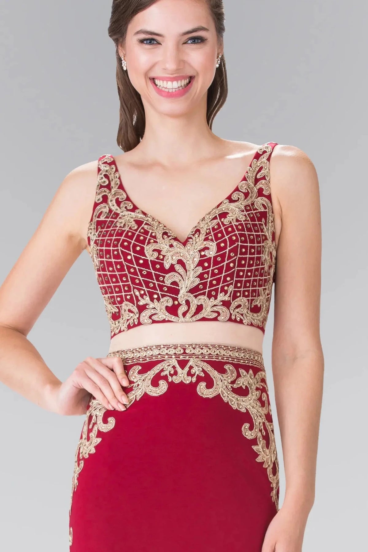 Burgundy v-neck prom evening dress upper front with beads, embroidery