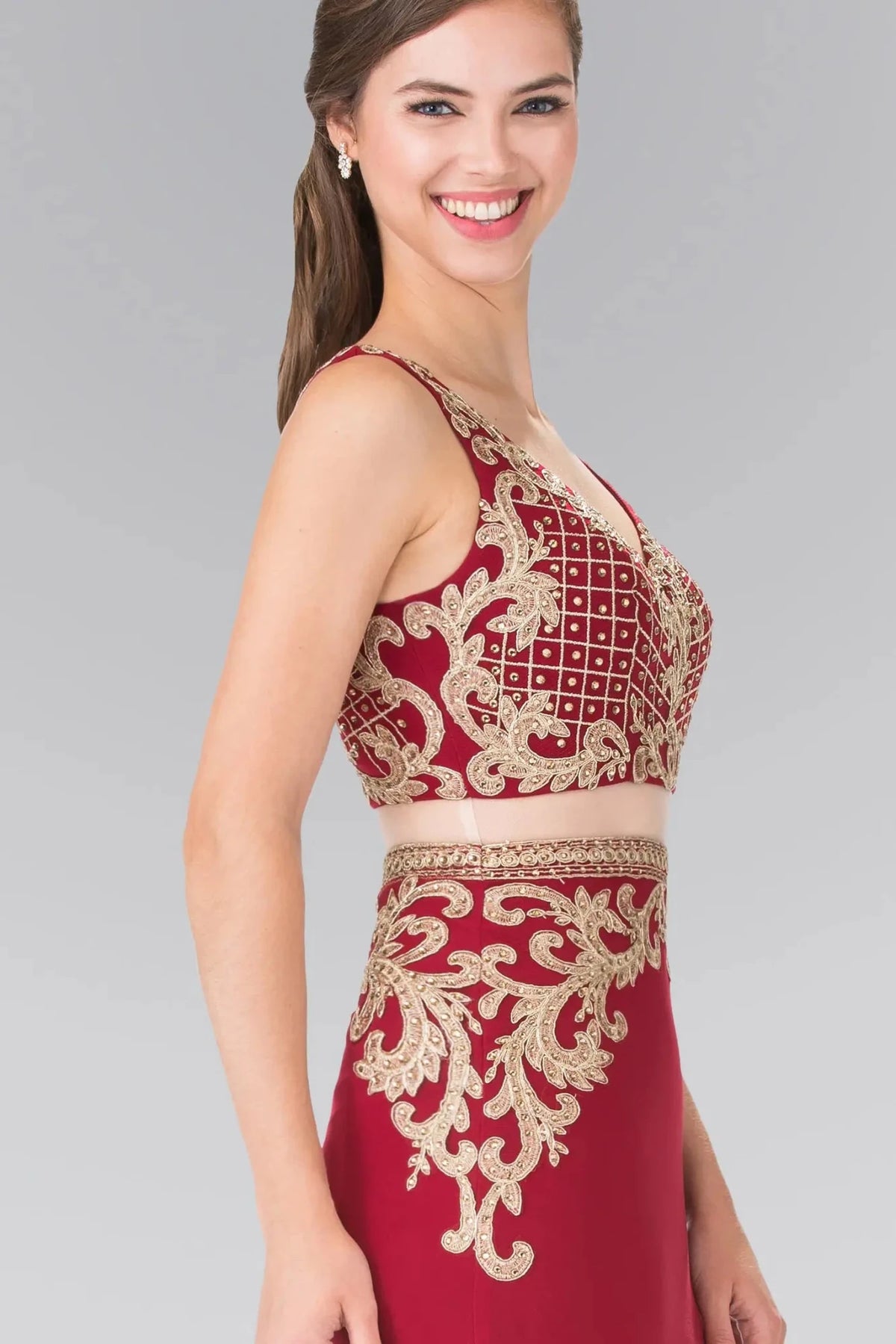 Burgundy prom evening dress mock two-piece skirt detail