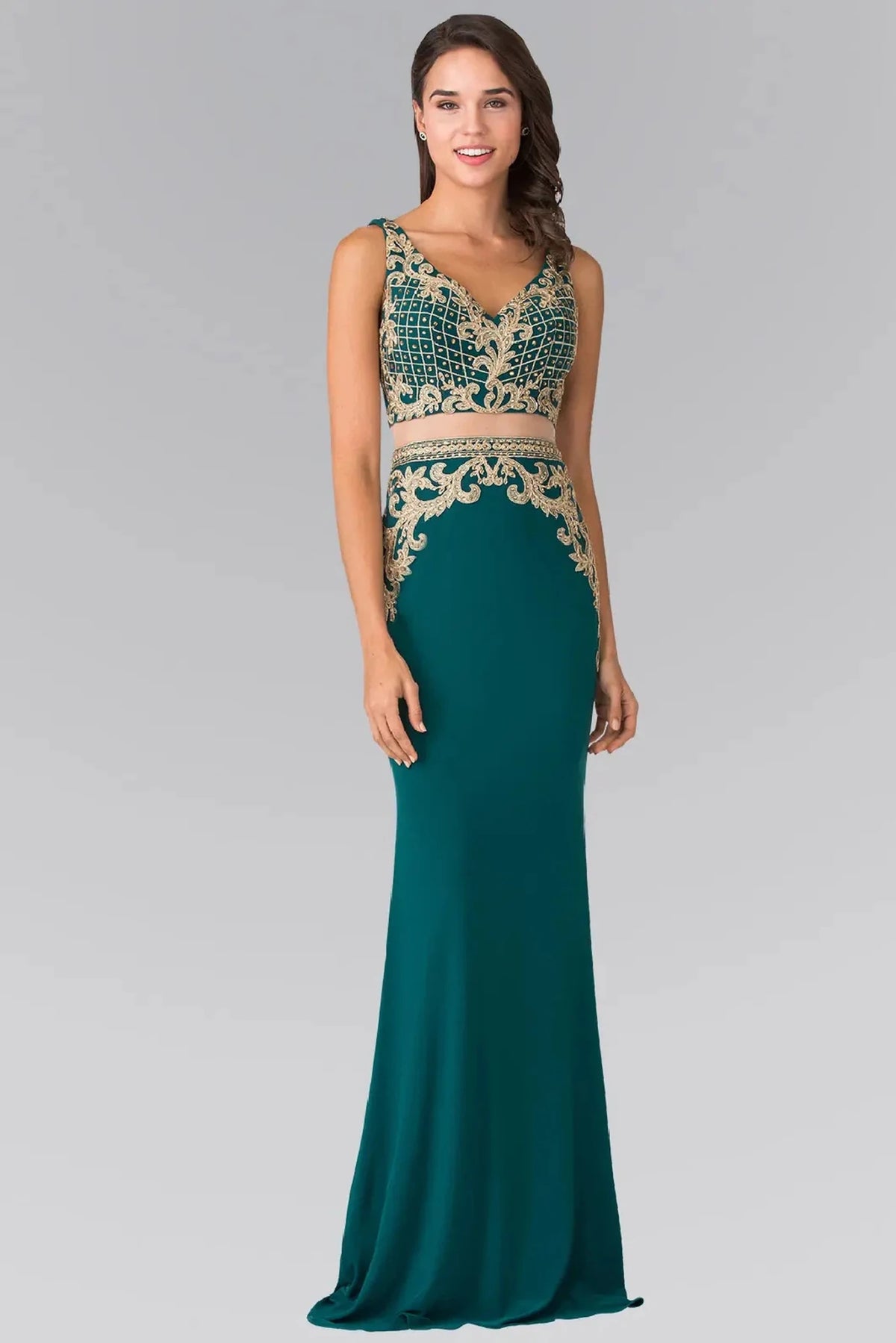 Green embroidered prom evening dress full front