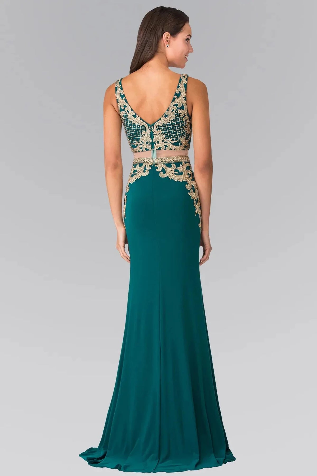 Green prom evening dress full back with open back