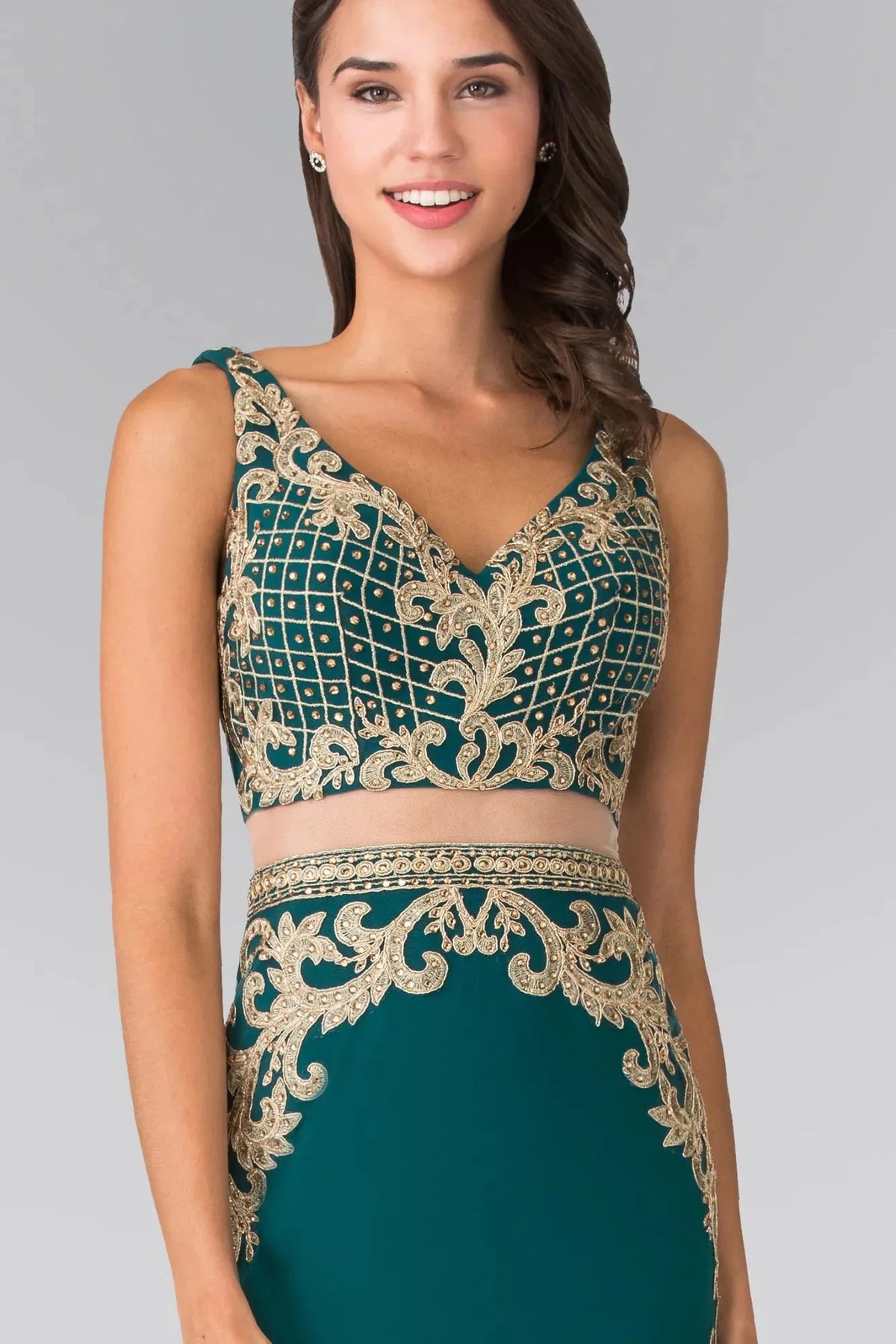 Green v-neck prom evening dress upper front with beads, embroidery
