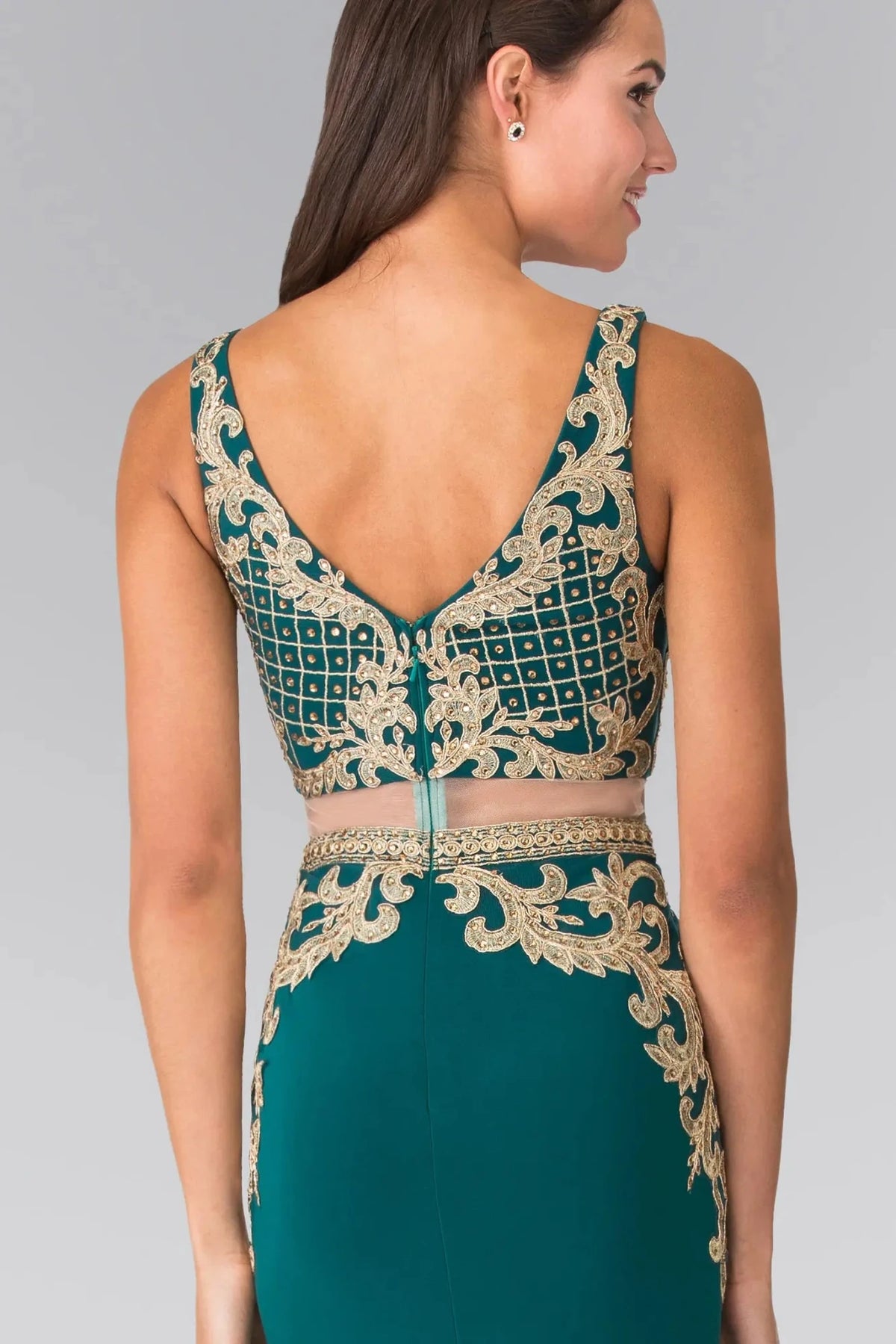 Green prom evening dress mock two-piece skirt detail