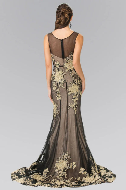 Back detail shows black/Nude beading embroidery 3d detail formal dress back bodice detail.