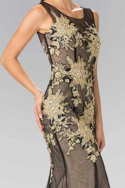 Side profile shows black/Nude beading embroidery 3d detail formal dress side detail.