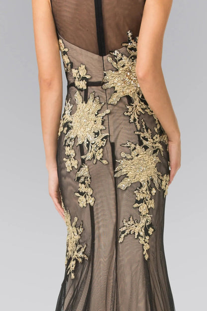 Rear view reveals black/Nude beading embroidery 3d detail formal dress.