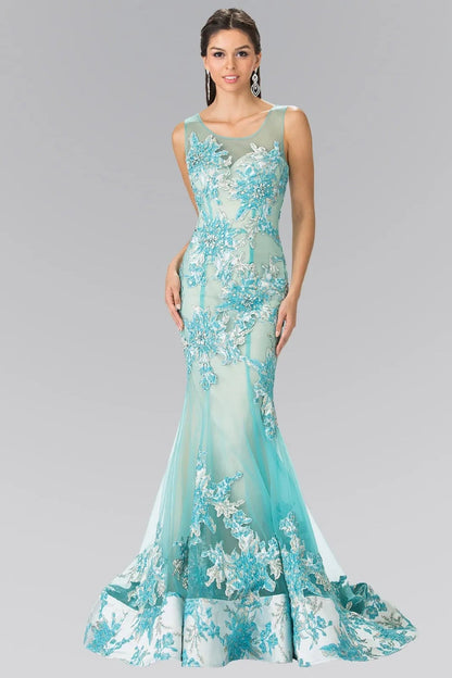 Rear view reveals tiffany/Nude beading embroidery 3d detail formal dress.