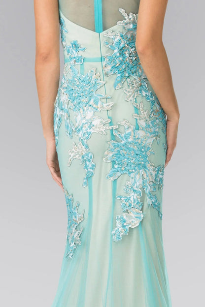 Detailed view highlights tiffany/Nude beading embroidery 3d detail formal dress detail.