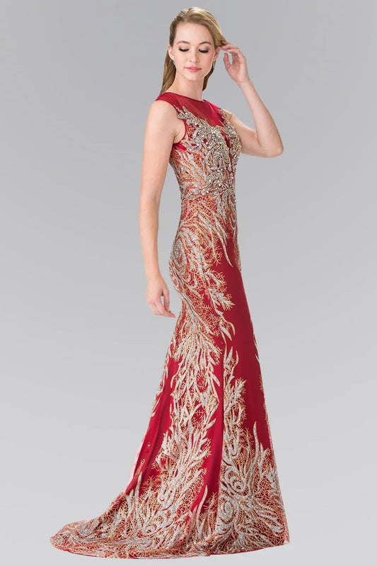 Full-length view highlights burgundy beading embellished sequins formal dress.