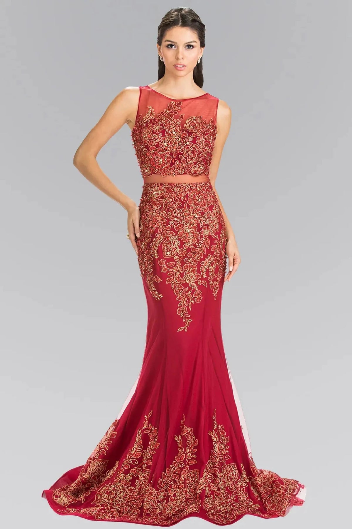 Burgundy embroidered prom evening dress full front