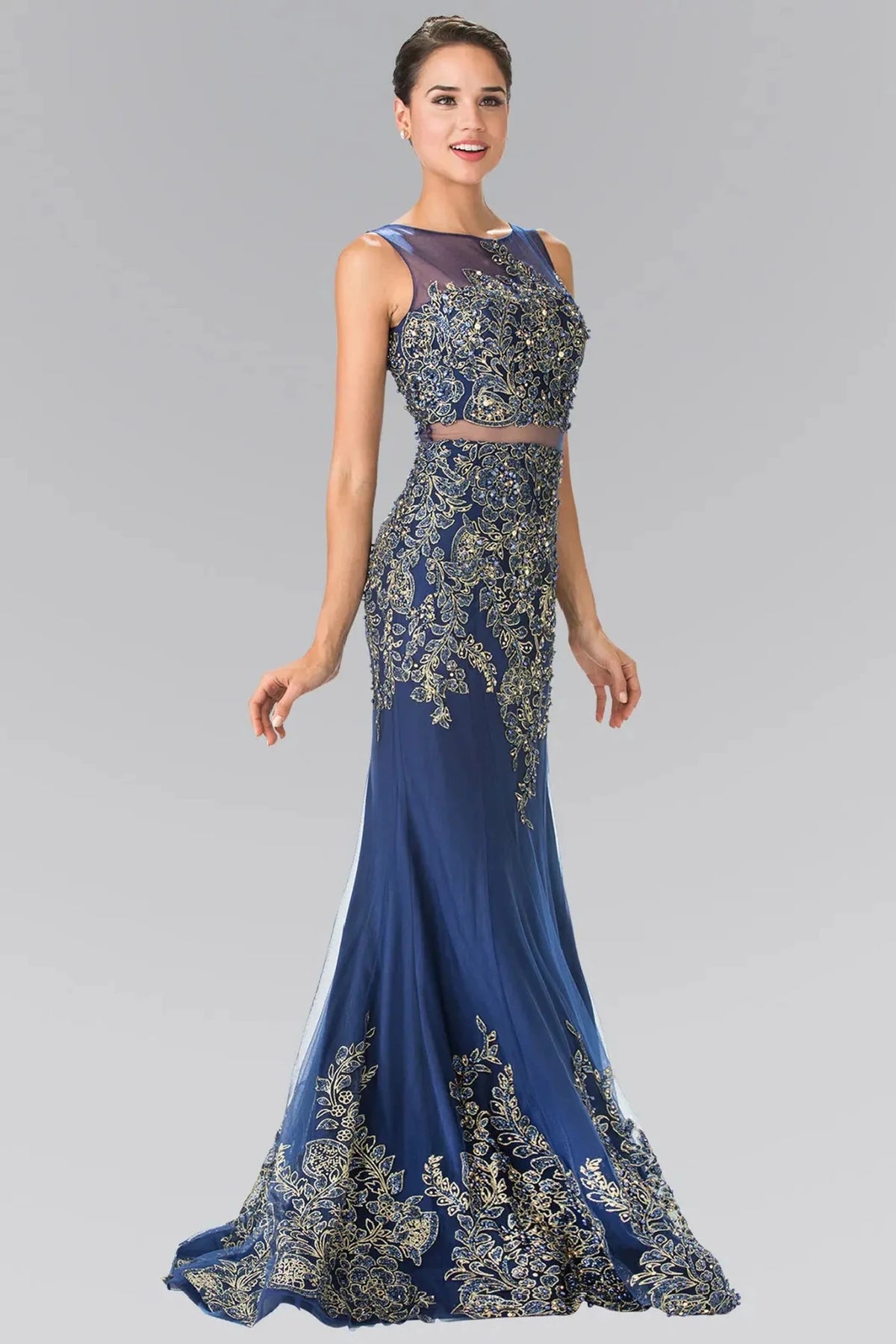 Navy embroidered prom evening dress full front