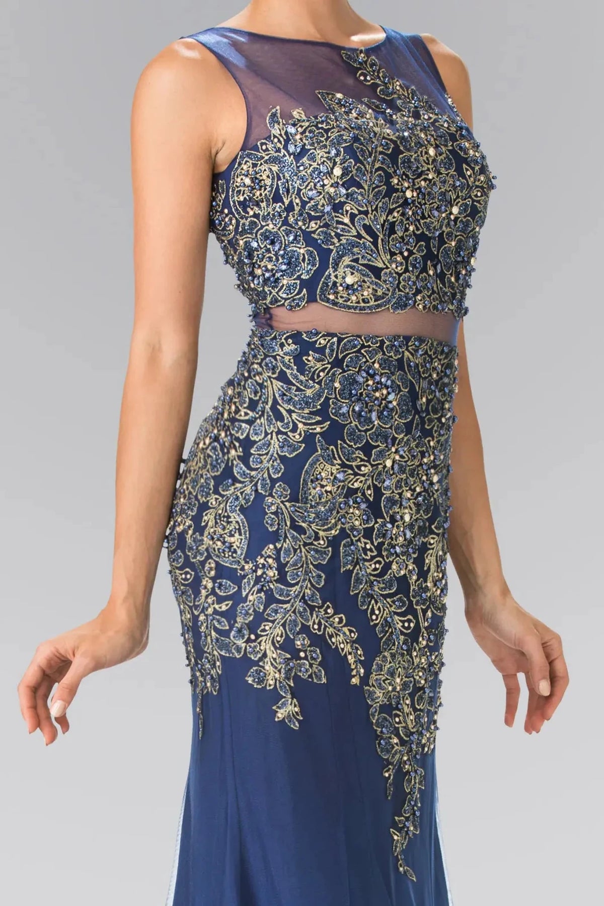 Navy boat-neck prom evening dress upper front with beads, embroidery