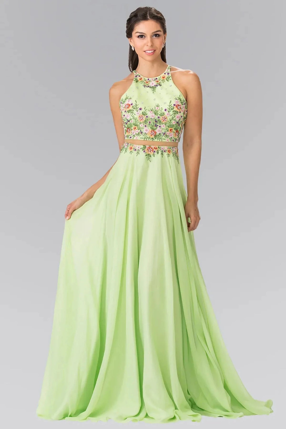 Neon Green embroidered prom evening dress full front