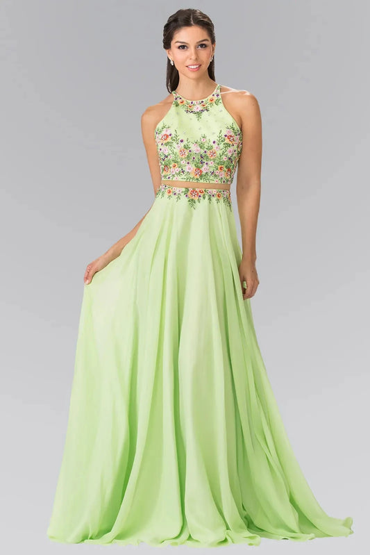 Full-length front view shows embroidered styling on the Neon Green prom evening dress.