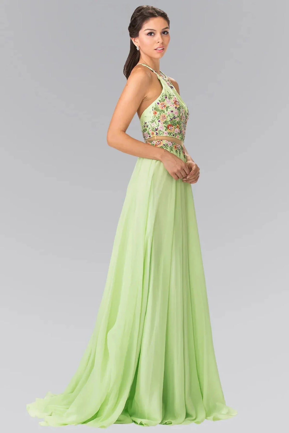 Neon Green prom evening dress full back with open back