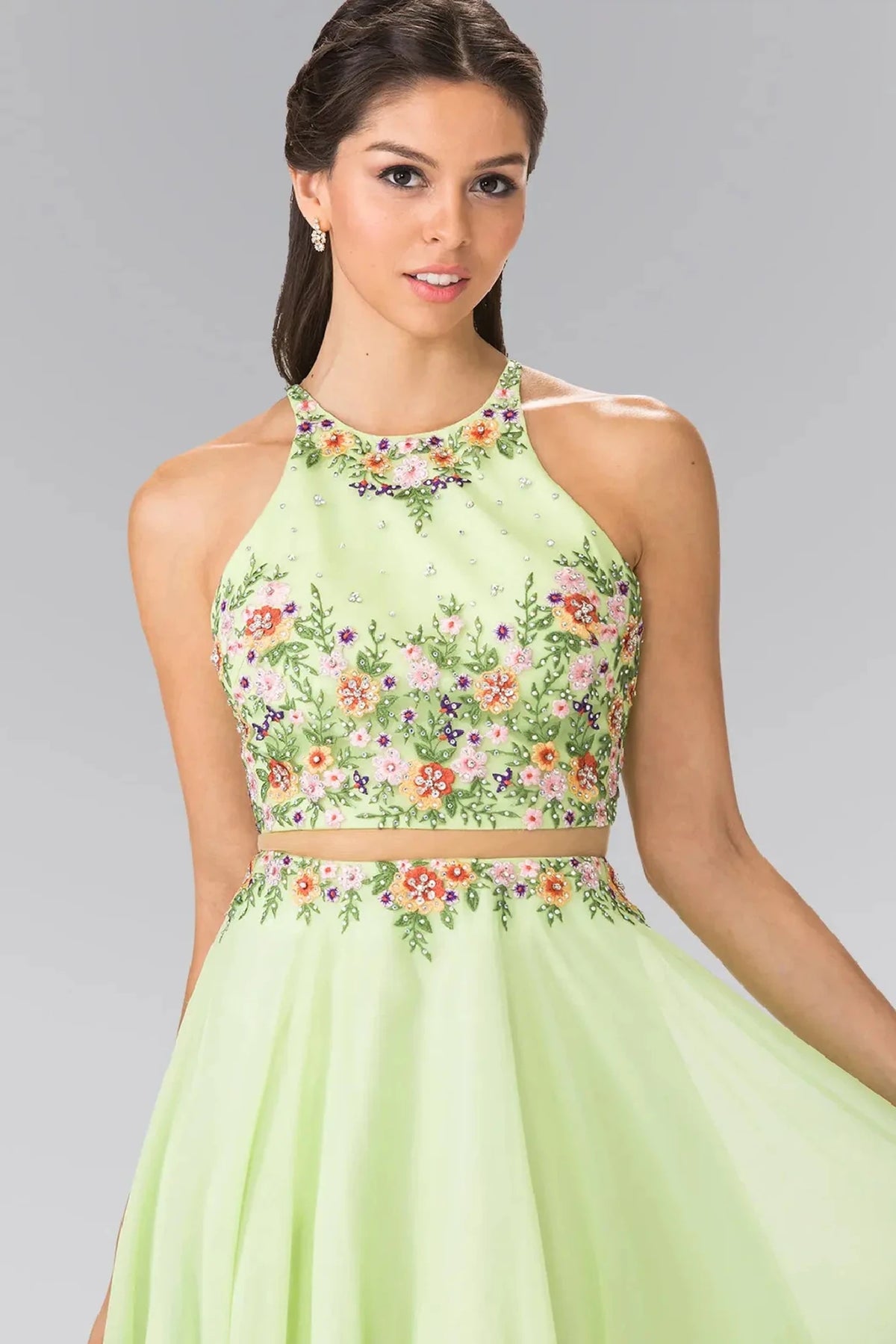 Neon Green high neck prom evening dress upper front with beads, embroidery