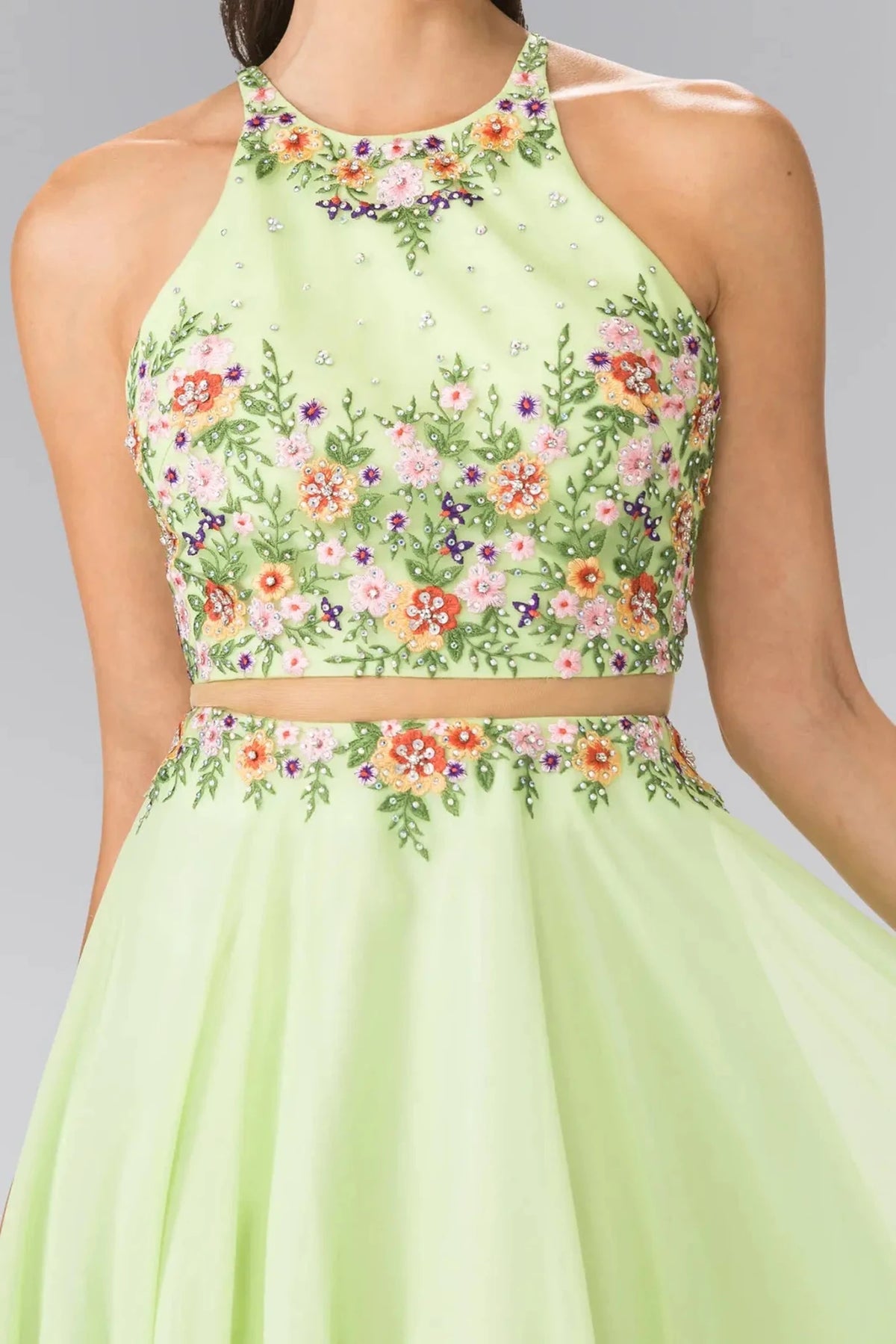 Neon Green prom evening dress a-line skirt detail