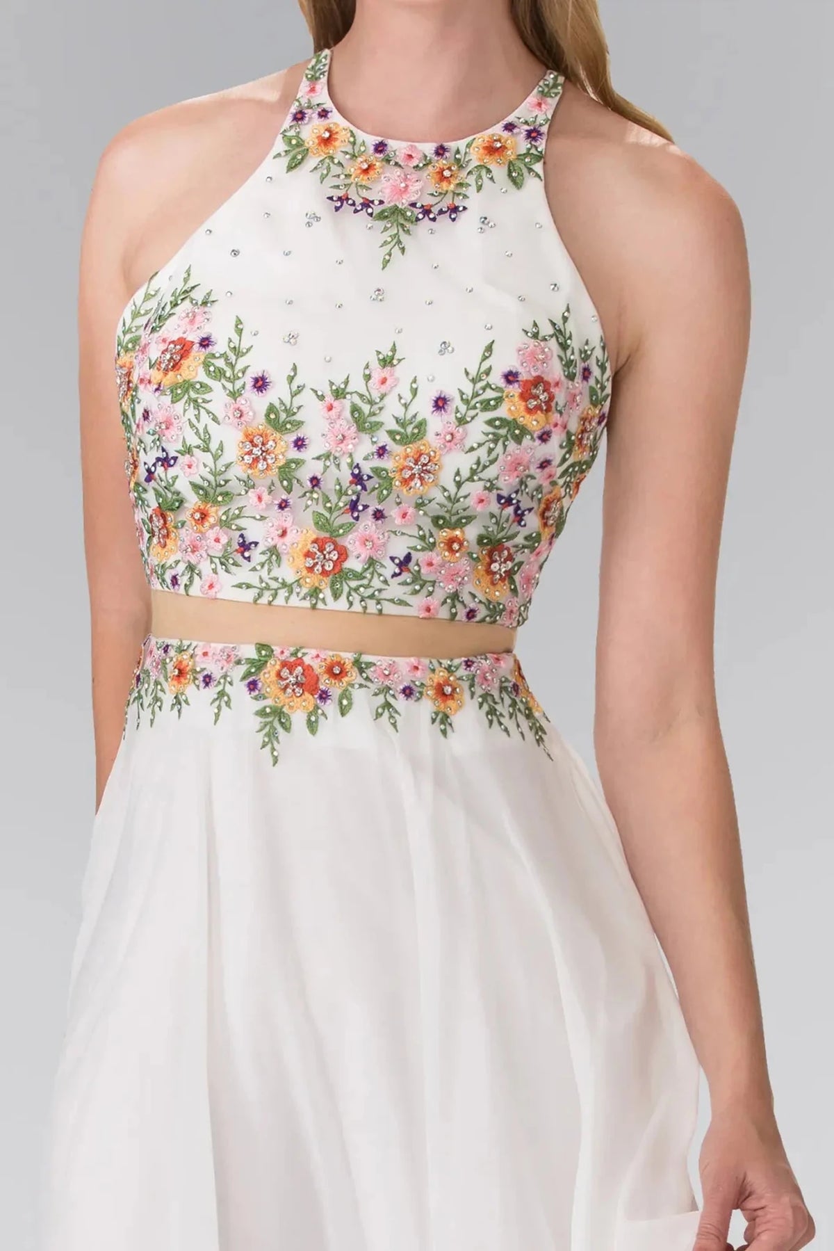 Off White high neck prom evening dress upper front with beads, embroidery