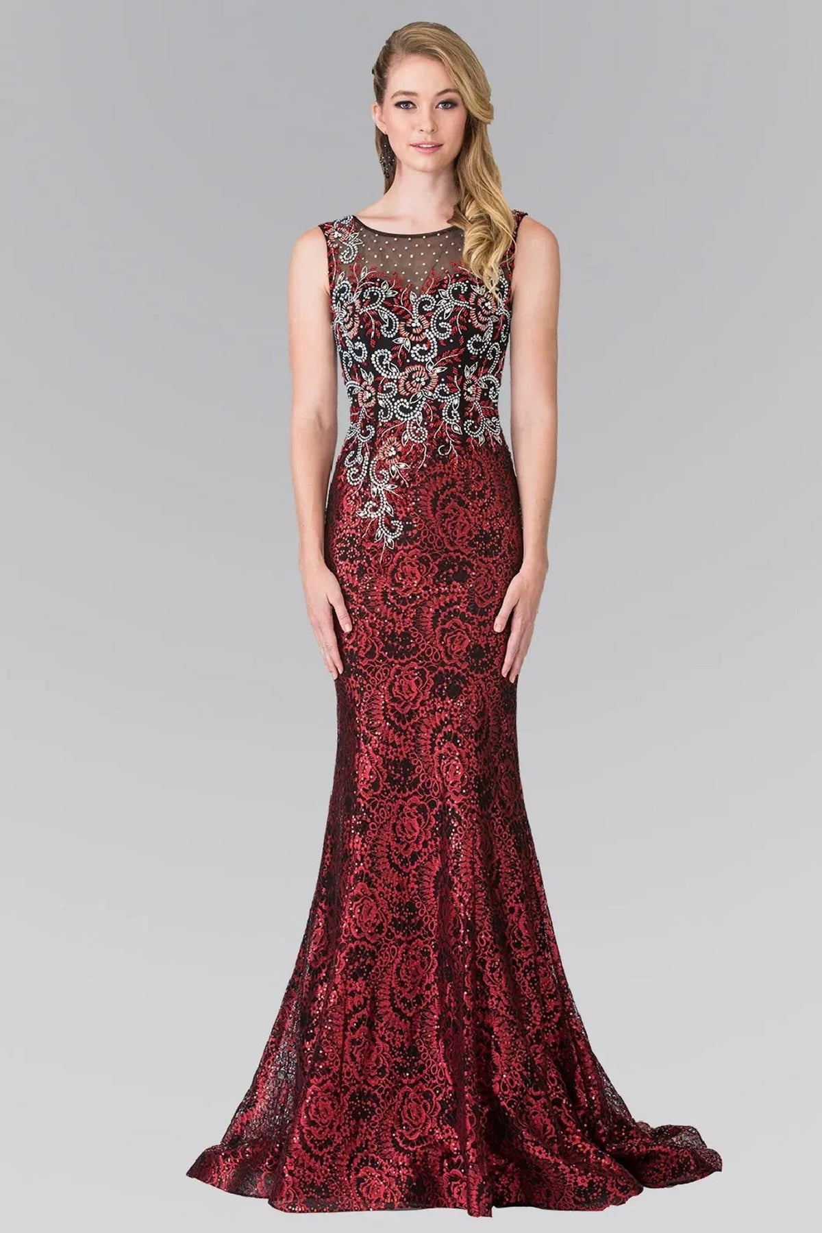 Red beading embellished sequins embroidery formal dress full front view