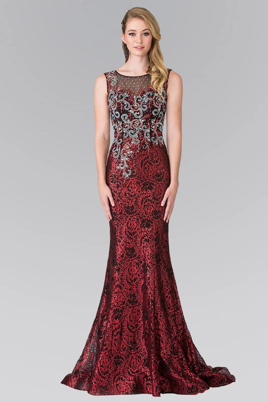 Full-length view highlights red beading embellished sequins embroidery formal dress.