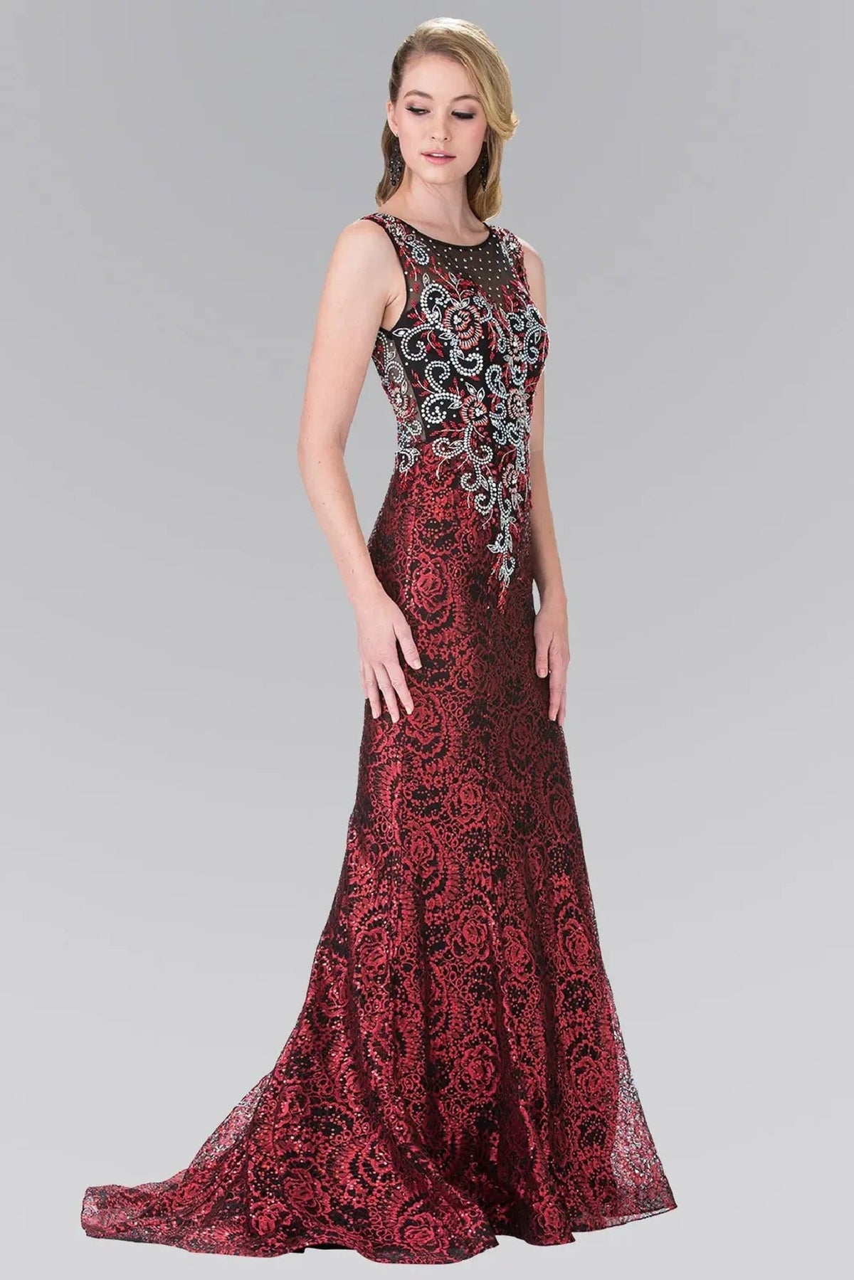 Red beading embellished sequins embroidery formal dress skirt detail