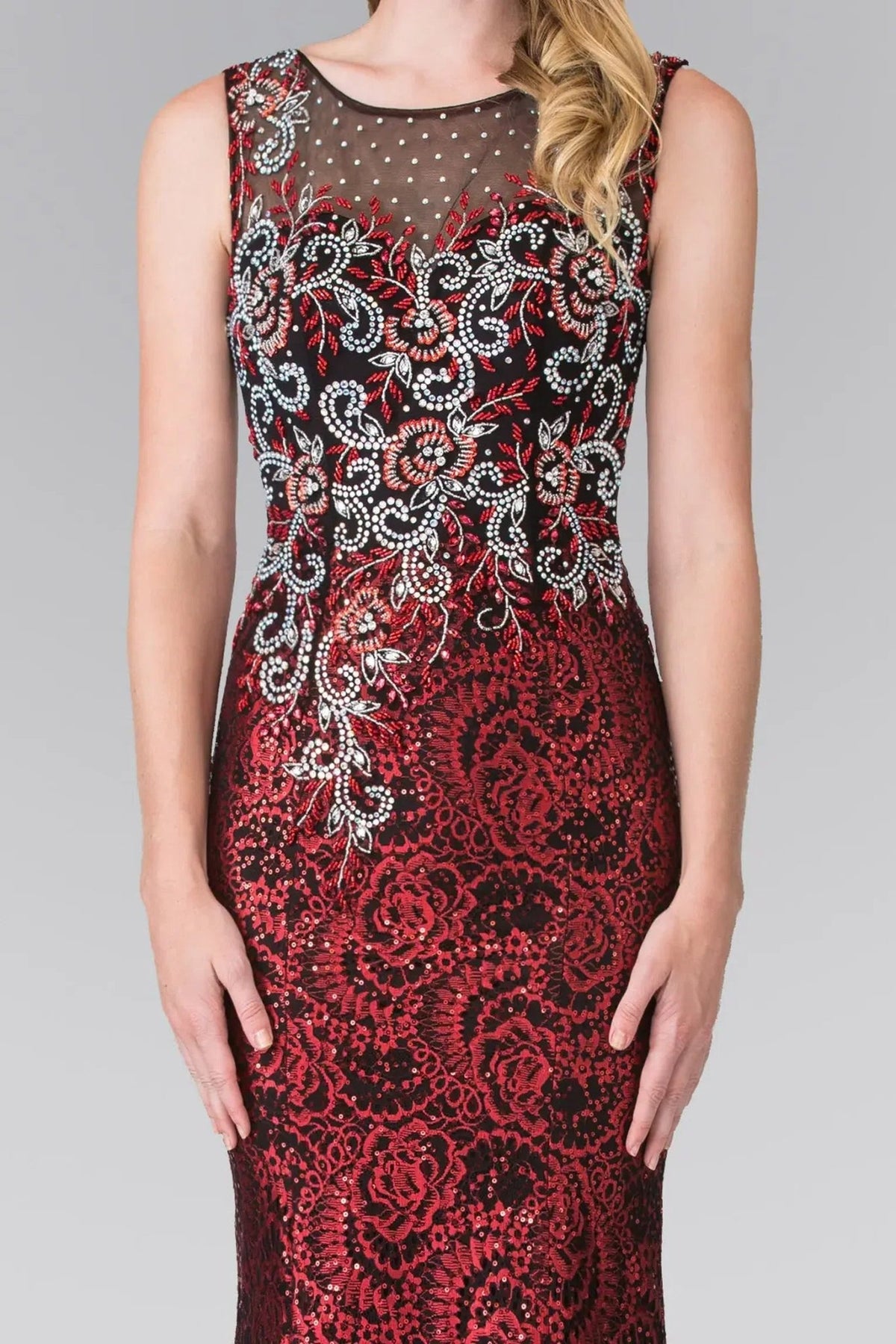 Red beading embellished sequins embroidery formal dress back bodice detail