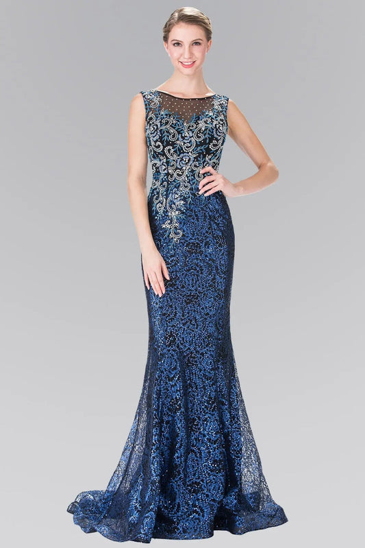 Rear view reveals royal Blue beading embellished sequins embroidery formal dress.