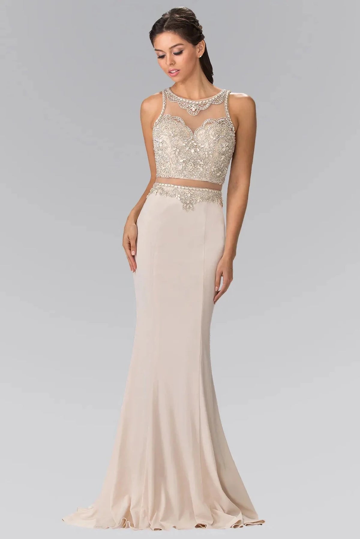 Champagne sequin prom evening dress full front