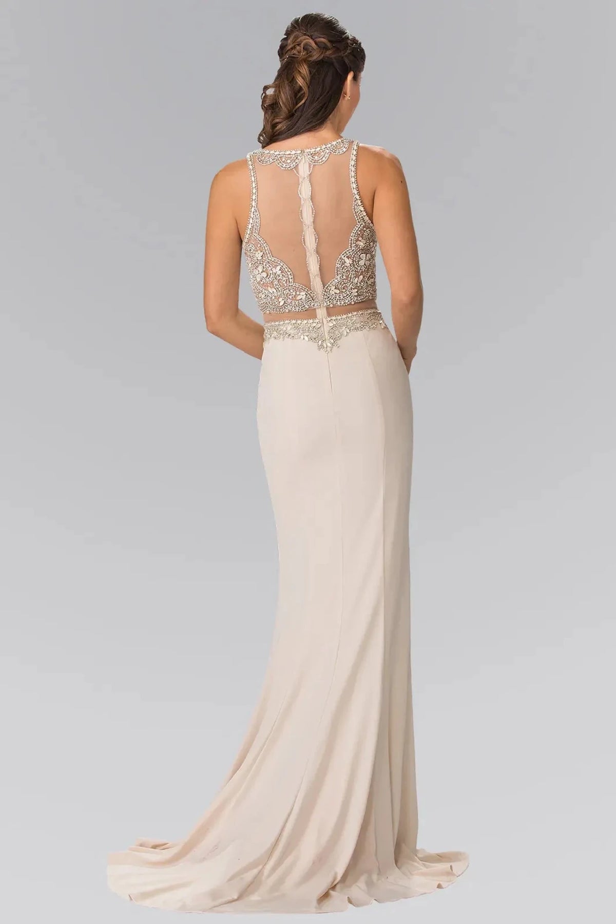 Champagne prom evening dress full back with sheer back