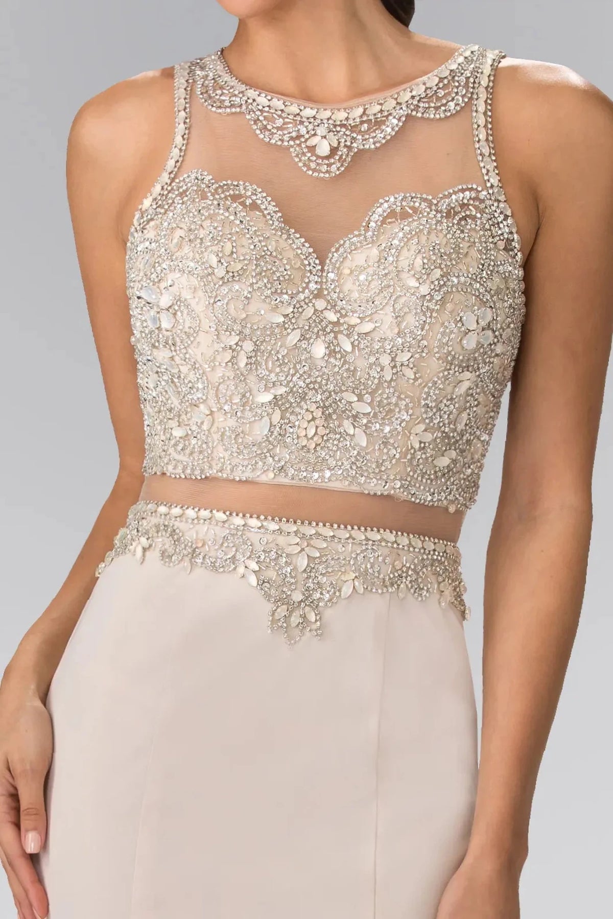 Champagne illusion sweetheart prom evening dress upper front with beads, jewel, sequin