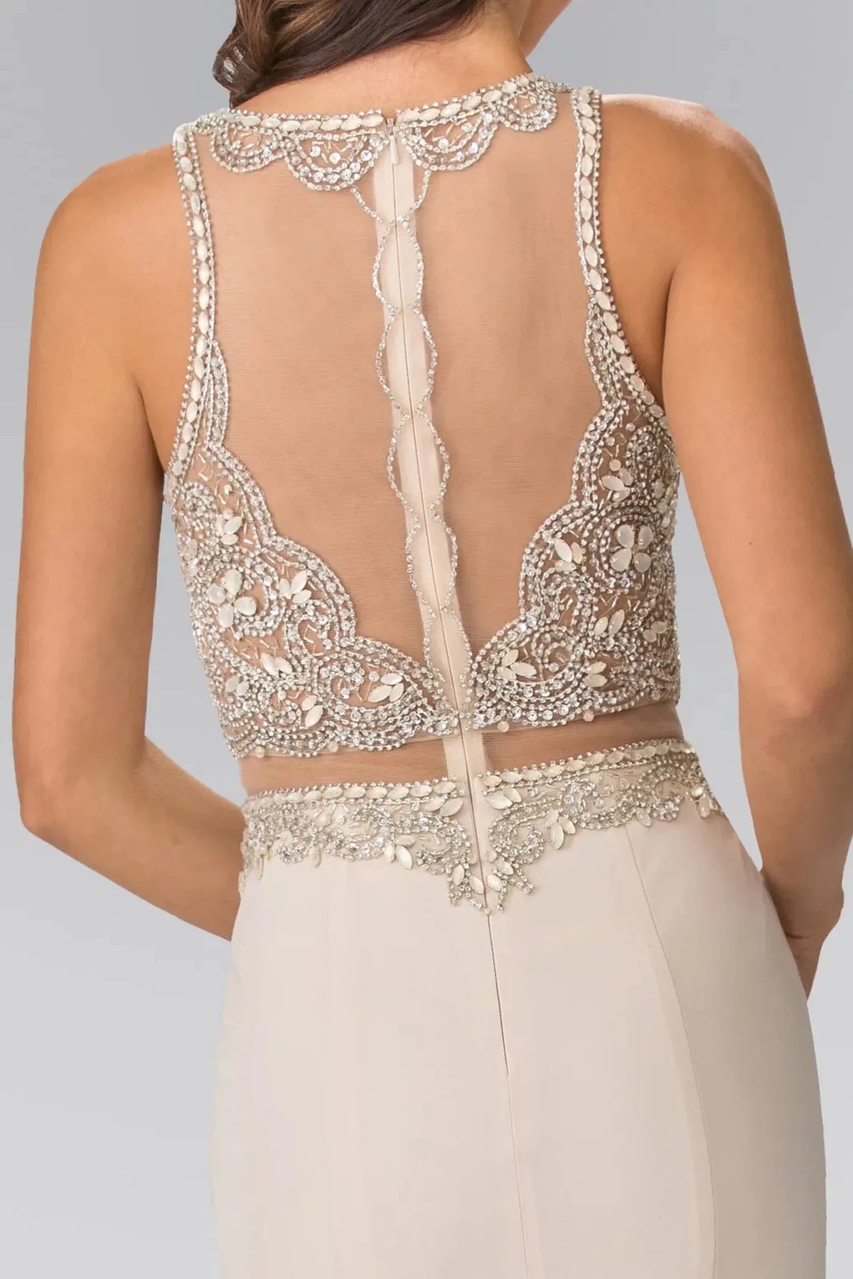 Champagne prom evening dress mock two-piece skirt detail
