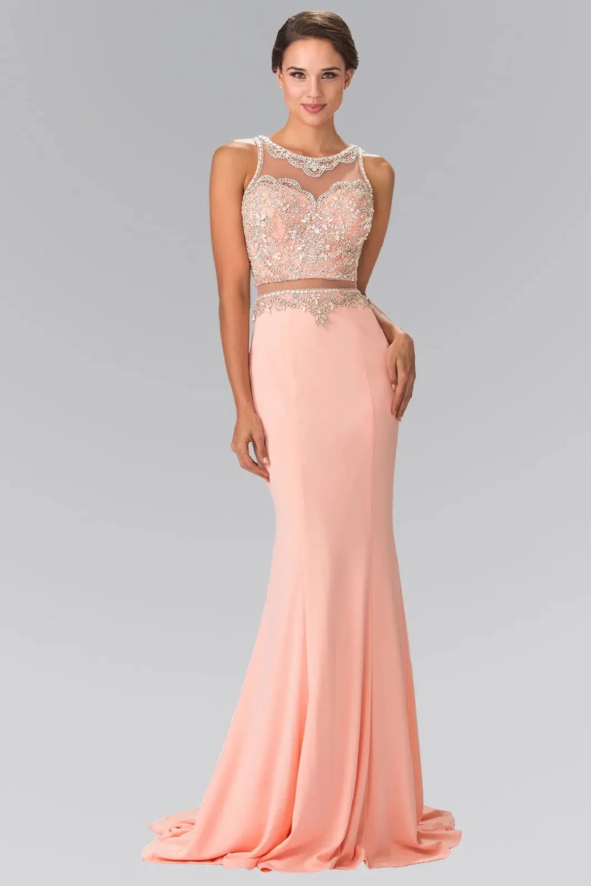 Peach sequin prom evening dress full front