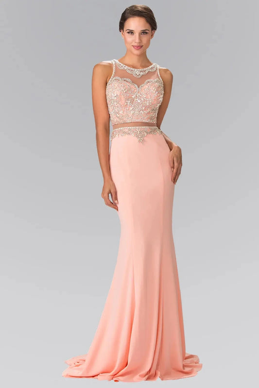 Full-length front view shows sequin styling on the Peach prom evening dress.