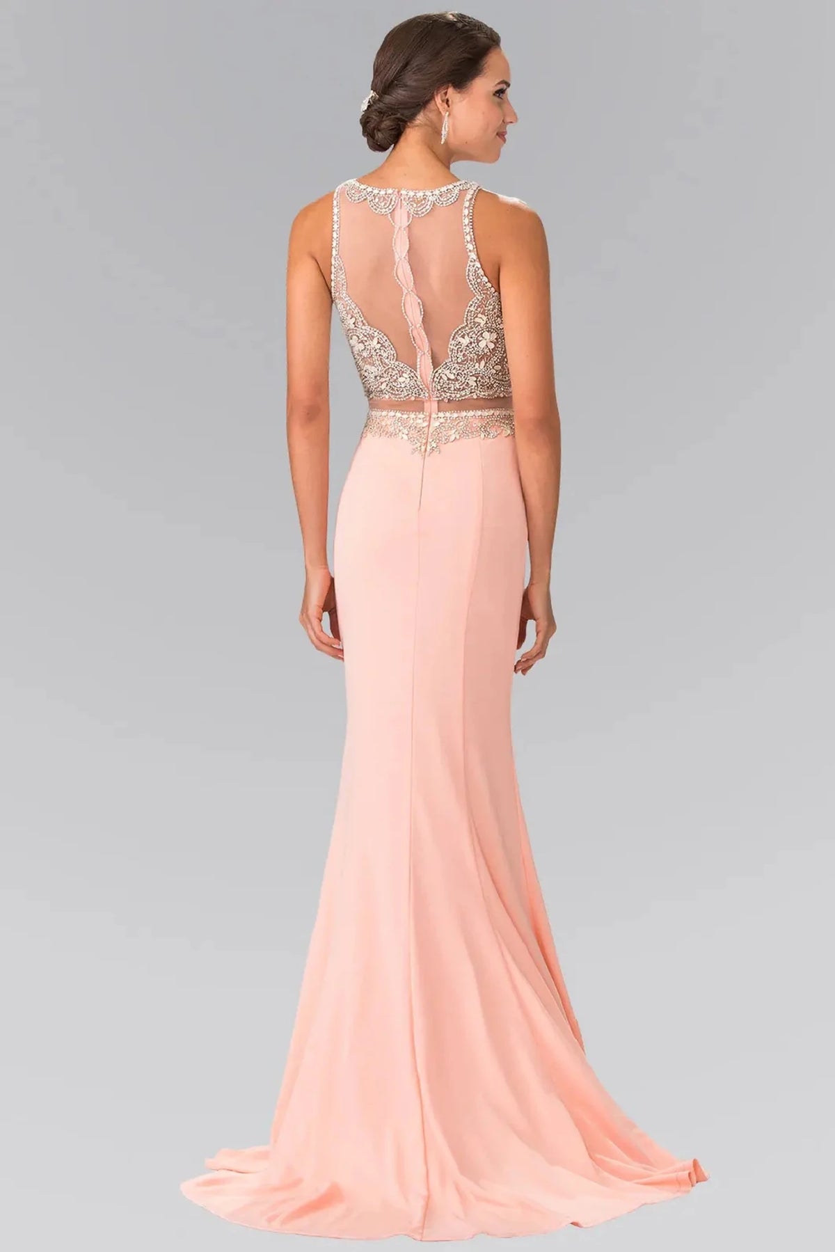 Peach prom evening dress full back with sheer back