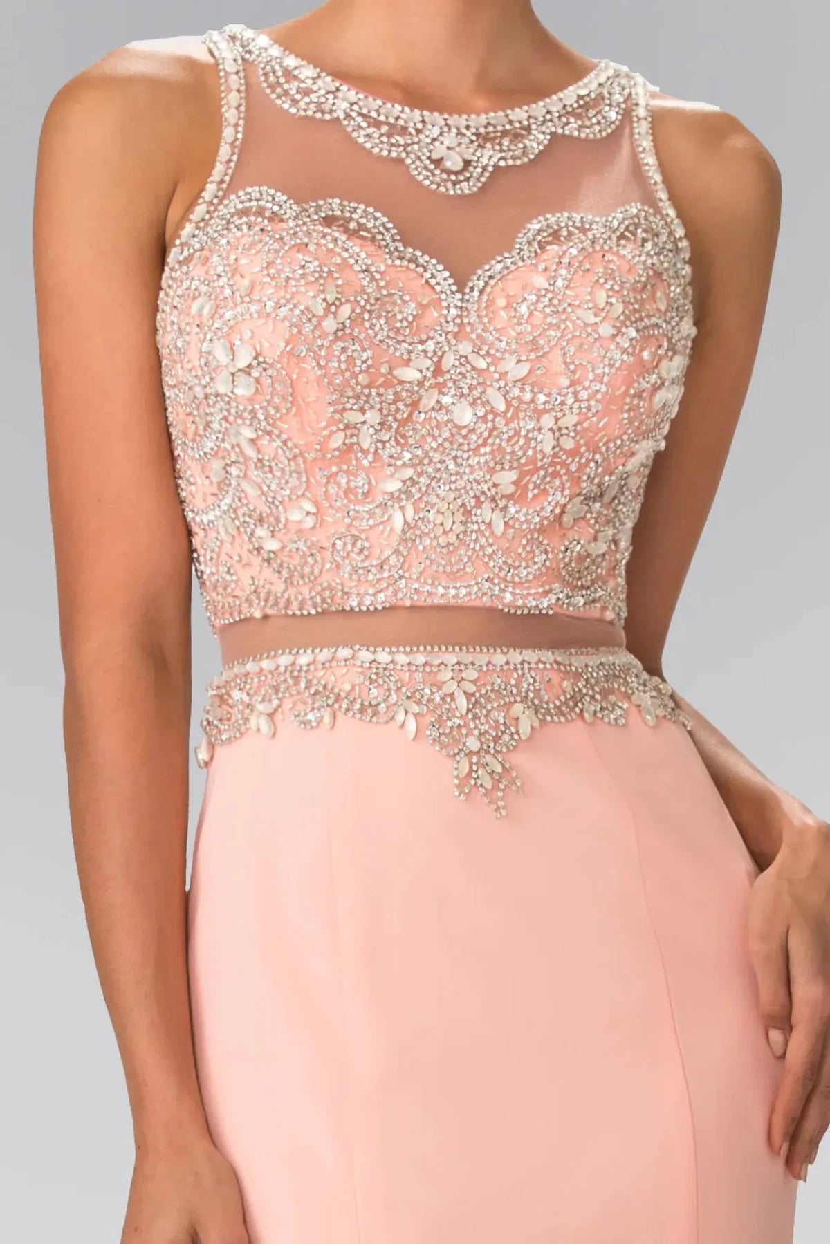 Peach illusion sweetheart prom evening dress upper front with beads, jewel, sequin