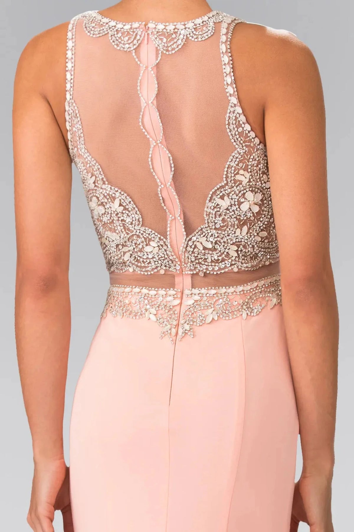 Peach prom evening dress mock two-piece skirt detail