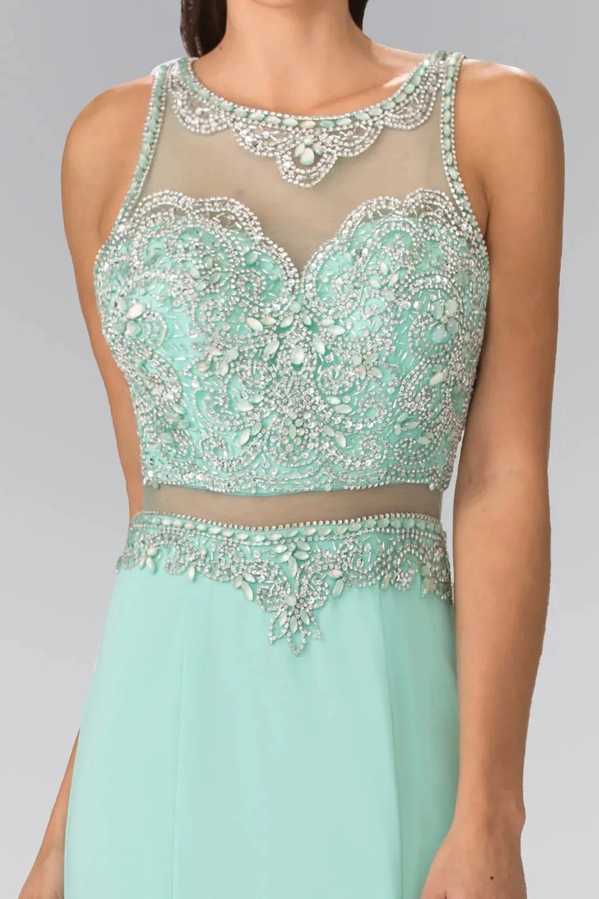 Tiffany illusion sweetheart prom evening dress upper front with beads, jewel, sequin