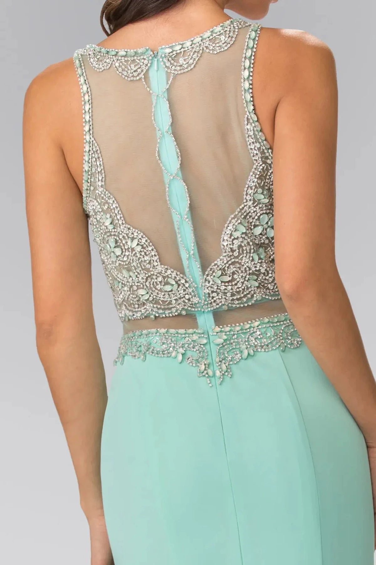 Tiffany prom evening dress mock two-piece skirt detail