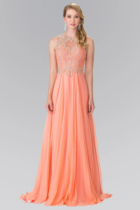 Rear view reveals coral beading embellished formal dress.