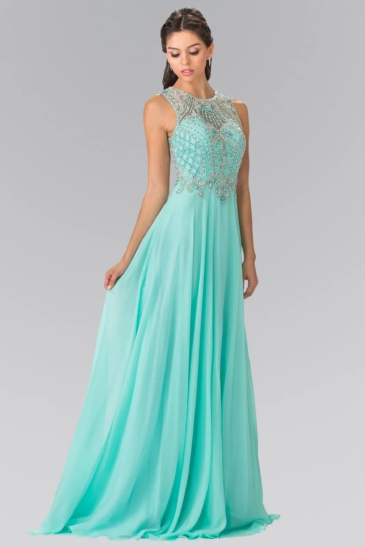 Mint beading embellished formal dress full front view