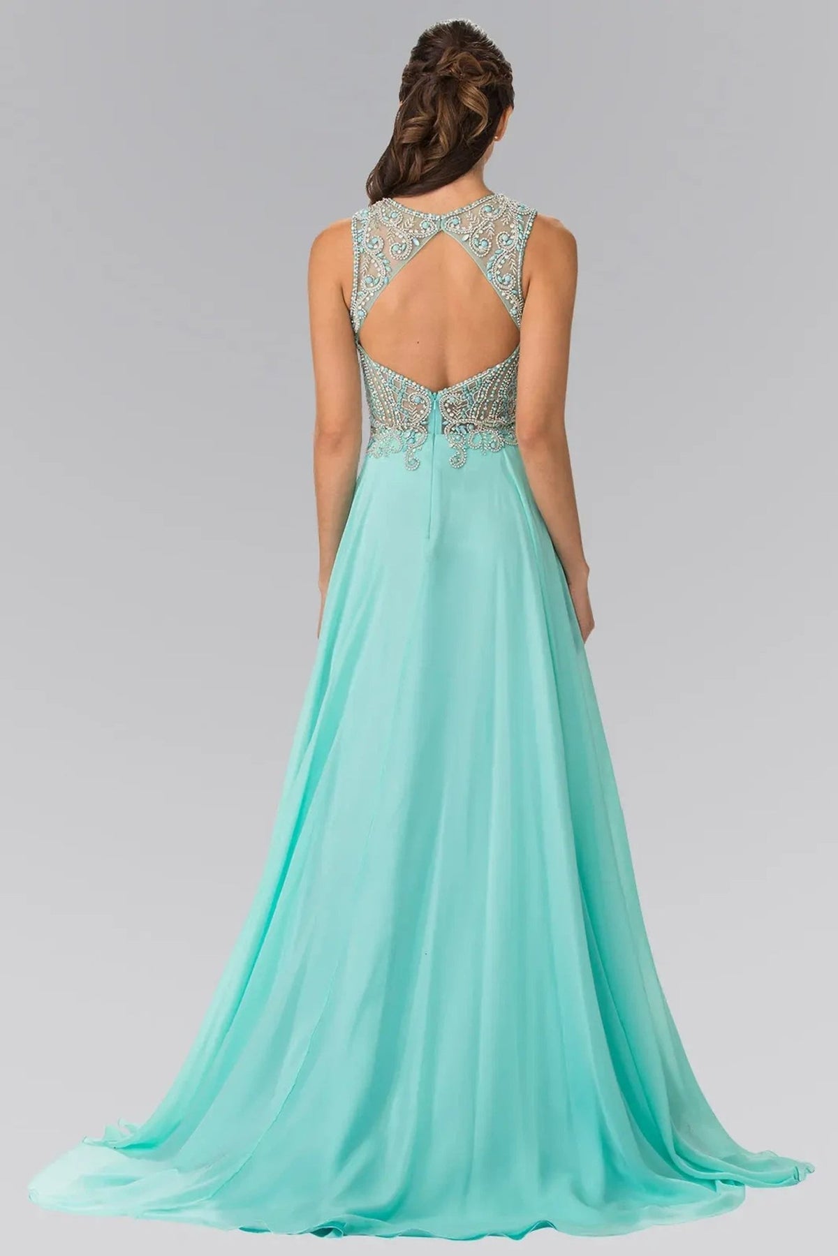 Mint beading embellished formal dress detail