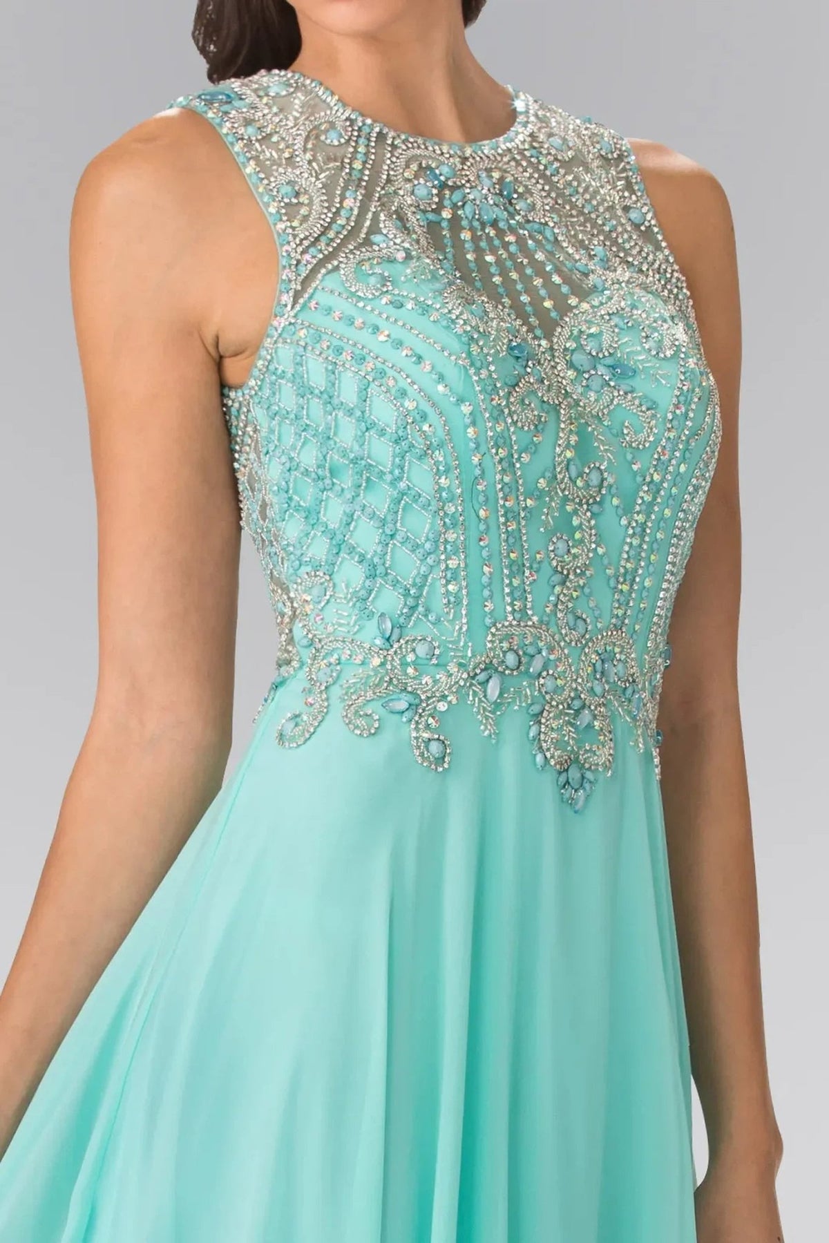 Mint beading embellished formal dress side detail