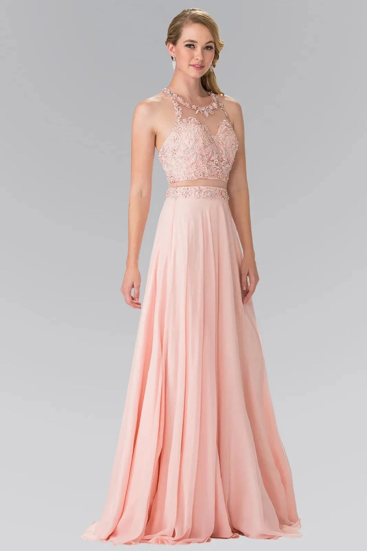 Blush embroidered prom evening dress full front