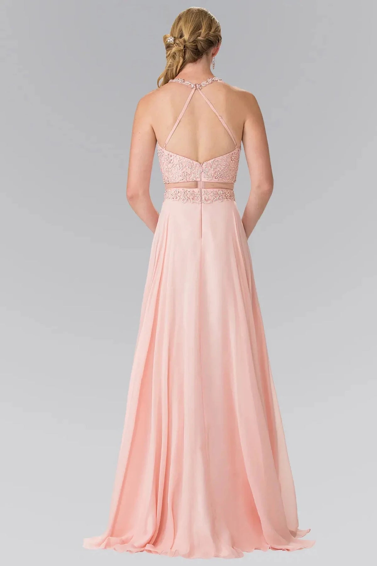 Blush prom evening dress full back with open back