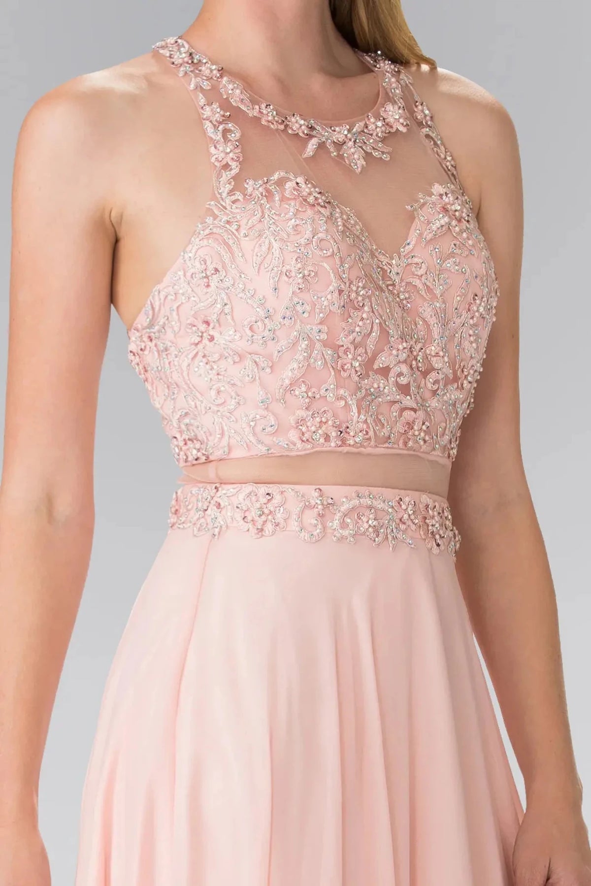 Blush crew-neck prom evening dress upper front with beads, embroidery, jewel